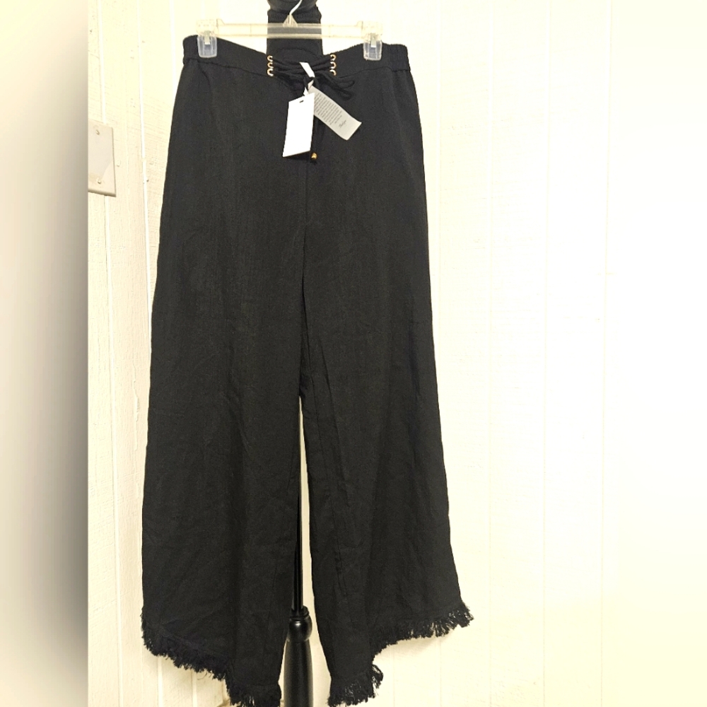 Grace Karin Black Elastic Waist Wide Leg Fringed Hem Pants Size 2XL NWT